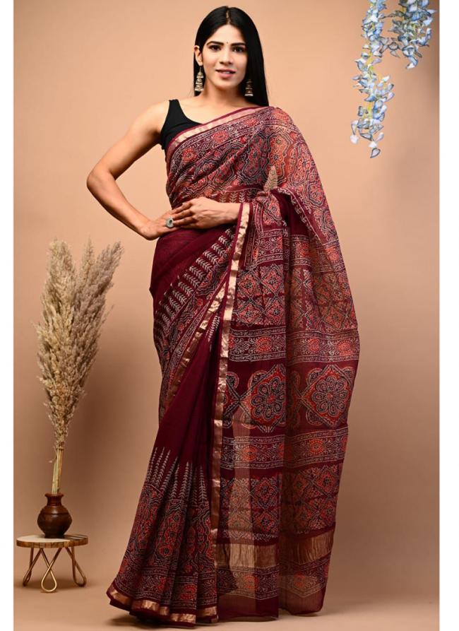 Cotton Maroon  Digital Printed Saree